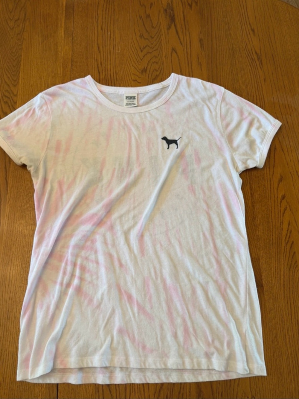 PINK Victoria's Secret White Tee with Pink Tie-Dye & Black Dog Logo